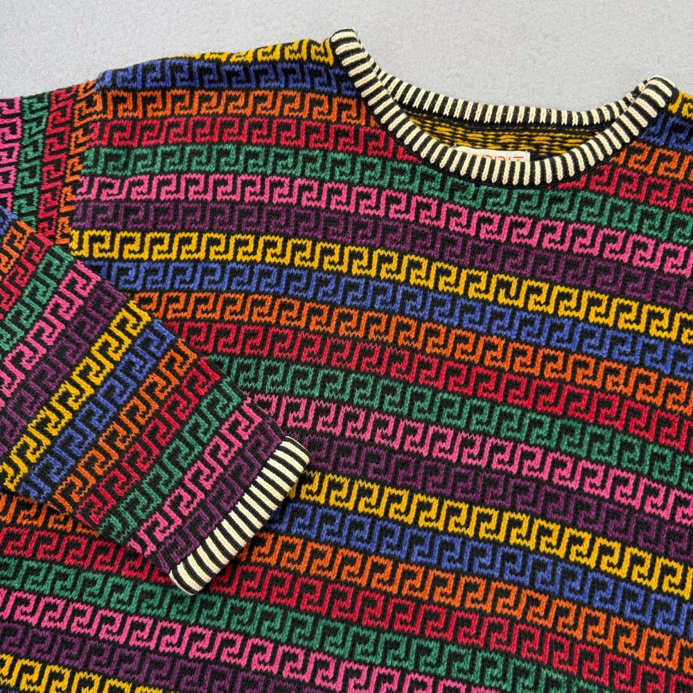 Vintage Esprit Rainbow Greek Key Geometric Knit Pullover Sweater Mens Small S